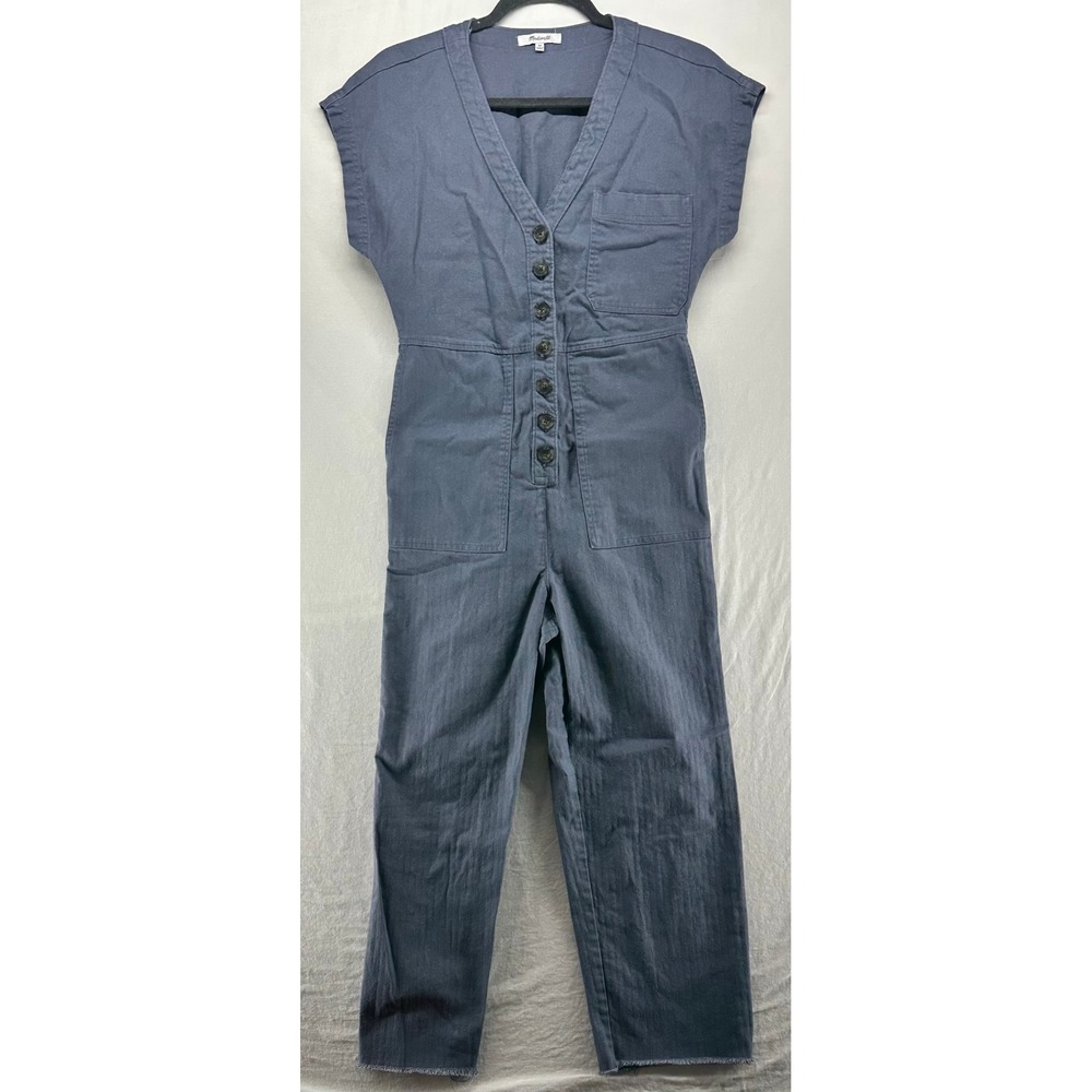 Madewell Women XS Button Front Utility Jumpsuit Blue Gray Raw Hem Cap Sleeve